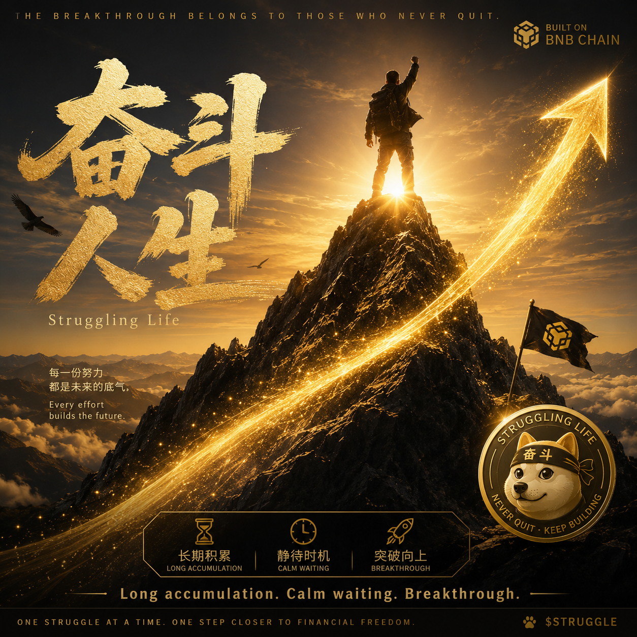 登顶的人与向上的箭头